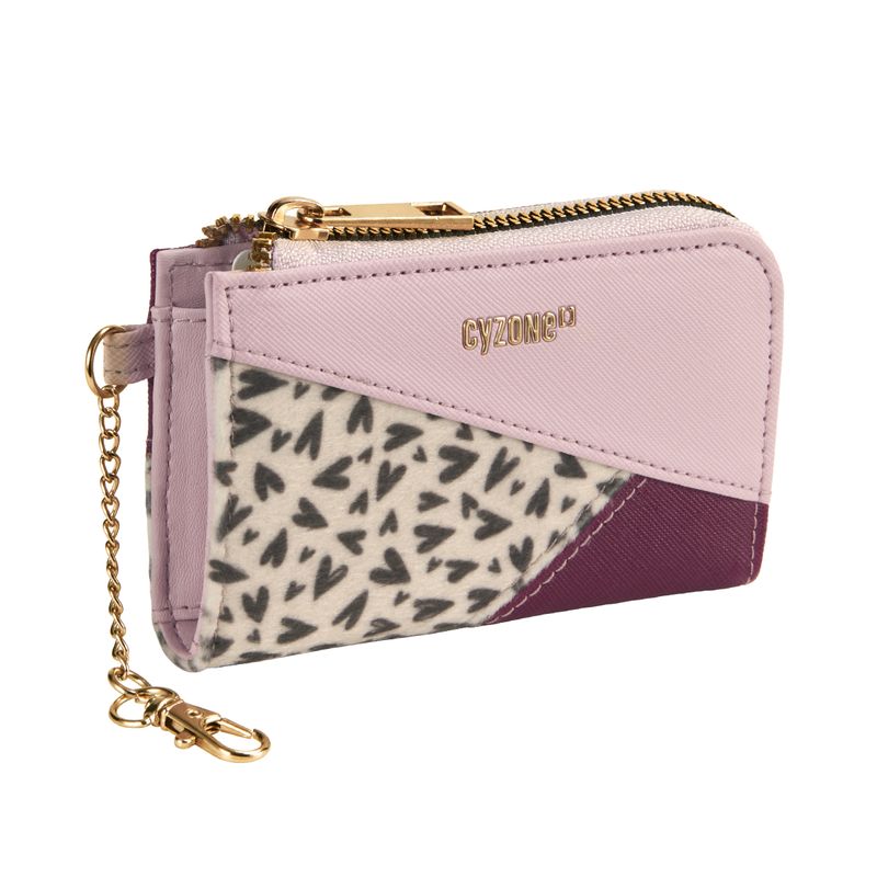 Monedero-para-mujer-en-material-tipo-cuero-de-color-guinda-rosado-y-con-print.-