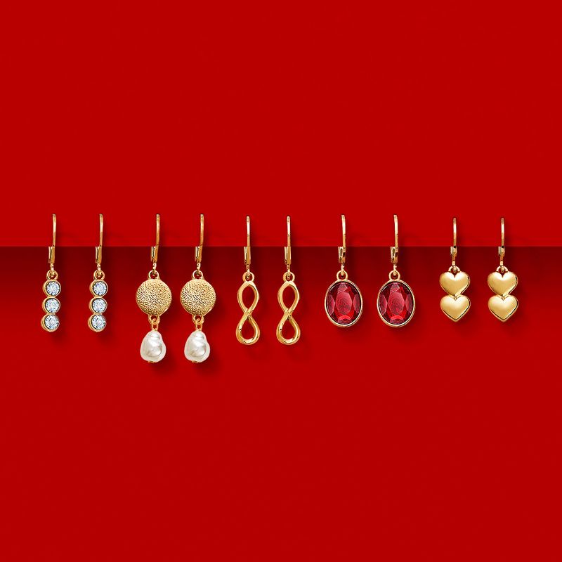 set-de-aretes-x5-en-ba�o-de-oro-de-24k-con-detalles-plateados-y-rojos